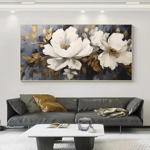 Toile fleurs dorées blanches pour grand mur vide de salon