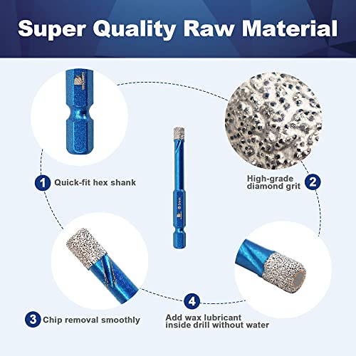 Diamond Drill Bit 6mm,BRSCHNITT 5pcs/pack 1/4 Inch Diamond Hole Saw Drill Bit for Porcelain Tile Ceramic Stone Granite Marble,Hex Shank Dry Drilling Diamond Core Drill Bit Set - Image 3