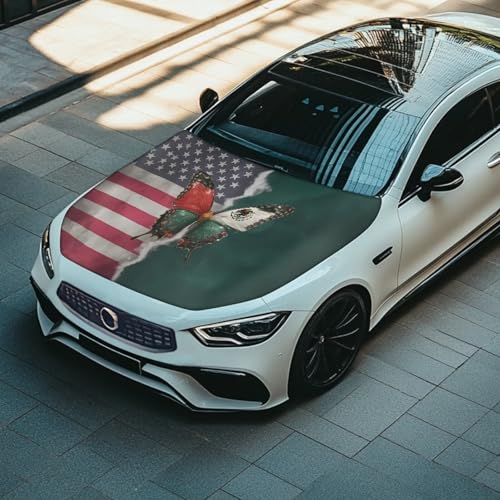 Image of Mexican Flag Car Hood Cover All Weather Protection Automotive Exterior Accessories Universal Fit Hood Covers for Cars, Trucks, SUV, or Van Full Coverage Decor