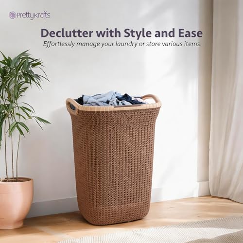 Image of PrettyKrafts Rattan Style 60L Plastic Knit Laundry Basket - Dark Beige, Durable Toy Storage Basket Clothes Storage Organizer for Home & Bathroom, (61x45x35cm)