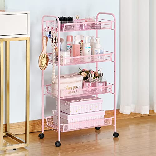 Toolf 4-Tier Rolling Cart, Metal Utility Cart With 3 Hooks, Easy Assemble Mobile Storage Trolley On Wheels, Slide Out Shelving Units Kitchen Bathroom Laundry Room #TOP1