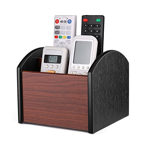 Flexzion Organizador de escritorio para control remoto de TV, Contenedor y soporte giratorio de madera para suministros de oficina, Accesorio de mesa, Color marrón cereza, 4 compartimientos Cover