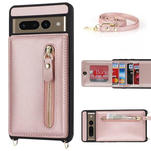 DEYHU for Google Pixel 7 pro Case with Card Holder for Women,Pixel 7 pro Phone Case Wallet with Strap Credit Card Slots Crossbody with Kickstand Zipper Case for Pixel7pro - Rose Gold