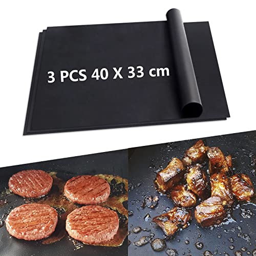 HELESIN BBQ Grillmatte für Gasgrill,3er 40x33cm Set Teflon Grillmatten Backmatte,Wiederverwendbar & PFOA-Frei Grillmatte Gasgrill,Antihaft Grillmatte für Elektrogrill,Holzkohlegrill,Backofen Cover