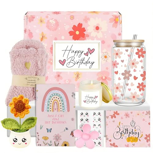 4MELLY Birthday Gift Baskets for Women Birthday Happy Gift Set Box for Woman Her Teen Girl Sister Best Friend Cute Daisy Aesthetic Glass Cups Gift Set
