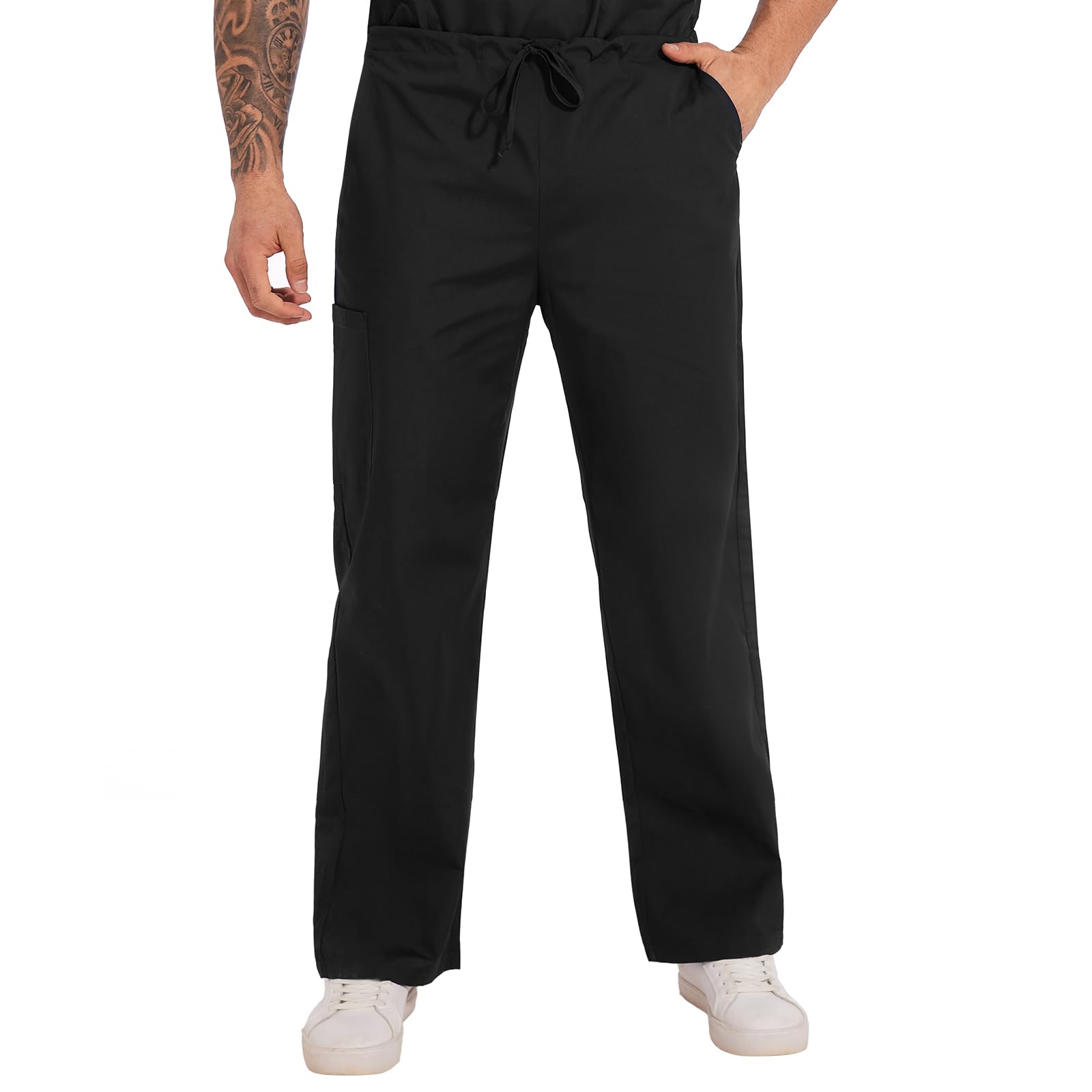 JONATHAN UNIFORM Mens Cargo Trousers Tall with 4 Pocekts, Adjustable Drawstring Chef Pants for Elderly Carer, Dental, Vet, Beauty, Doctor (Black, L)