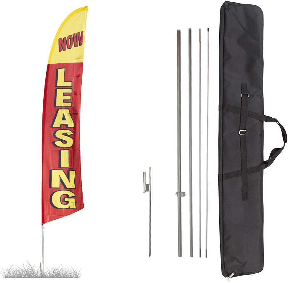 Vispronet Premium Now Leasing Feather Flag – 13ft Swooper Flag Pole Kit with Ground Spike, Pole Sleeve Bag – Leasing Flag for Business – Phone Leasing Supplies – Printed in The USA