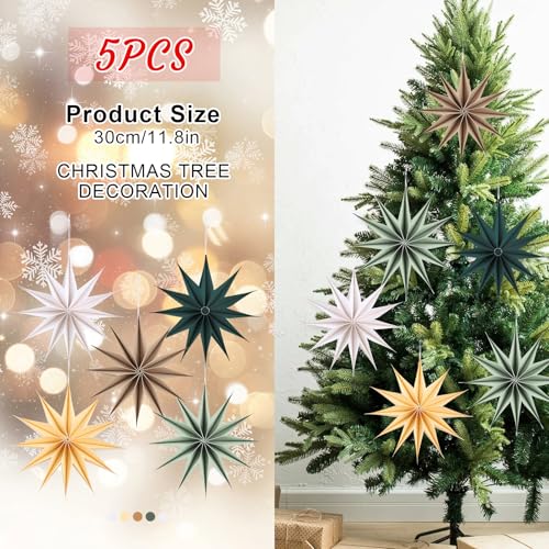 Image of 12 Inches 5 PCS Sage Green Paper Star Lanterns Hanging Stars Christmas Party Decorations Hanging Lampshade Christmas Wedding Birthday Christmas Home Party Decorations(12 Pointed)
