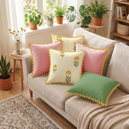 Image of Urban Space Cotton Cushion Cover Set of 5, 16 x 16 Inches, Decorative Throw Pillow Covers with Pom Pom, Printed Sofa Cushion Covers for Living Room, Home Decor (CC4, 40Cm x 40Cm, Set of 5)