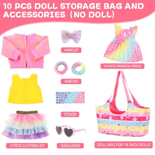 Ecore Fun 18 Inch Doll Accessories Set - 10PCS Bundle with Rainbow Dress, 3-Pieces Doll Outfits, Doll Storage Basket for 18 Inch Dolls, Hairpins, 2 Hairties, Sunglasses, Sticker