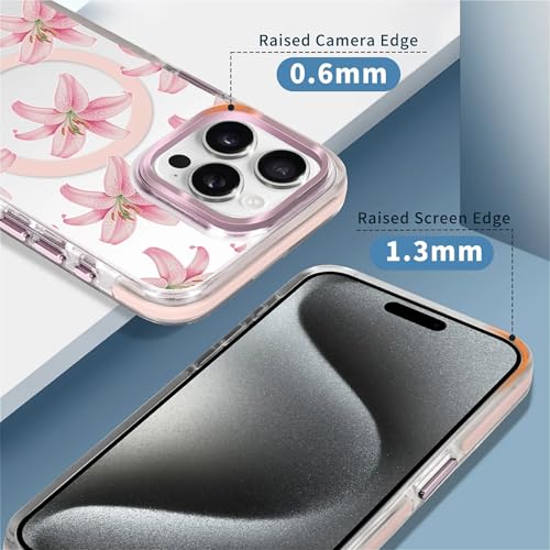 Coque pour iPhone 15 Pro compatible MagSafe transparente antichoc fleur rose - 2