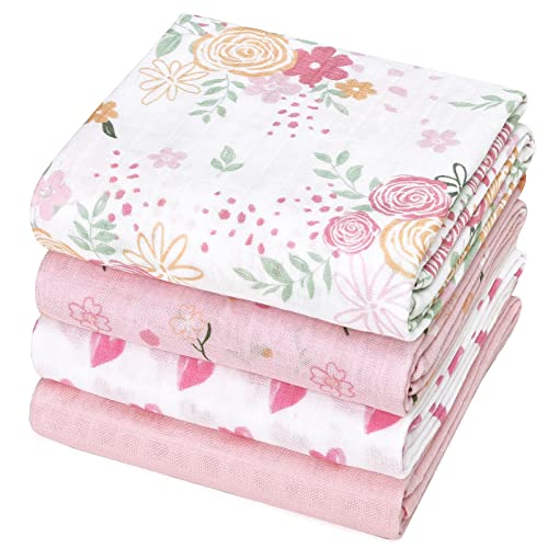 Phf 100% Cotton Baby Swaddle Blanket, 4 Pack Ultra Soft Baby Muslin Blanket For Baby Girls, Breathable Receiving Blankets Swaddle Wrap For Newborns, Large 47X47 Inches, Rose Floral #TOP9