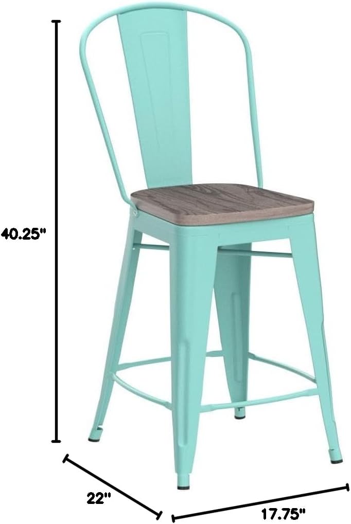 Flash Furniture Blake 4 Pk. 24" High Mint Green Metal Counter Height Stool with Back and Wood Seat
