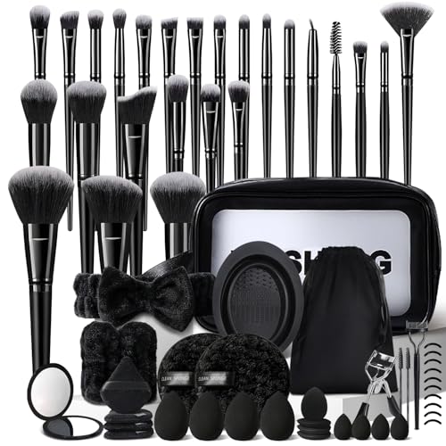MZGGDM 64Pcs Black Makeup Brushes Set with Case Professional Foundation Powder Concealers Eyeshadow Contour Blush Makeup Brush Kits Travel Make up Brushes &amp; Tools Eye and Face Makeup Kit
