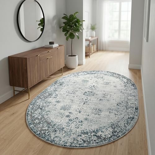 Unique Loom Sofia Collection Area Rug - Casino (5' 3" x 8' Oval, Light Blue/ Ivory)