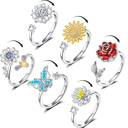 ZOERAY フィジェット不安リング レディース 調節可能 オープンリング 回転可能 ムードリング キュービックジルコニア バタフライ フラワー ひまわり ローズ 重ね付け可能 リングセット ストレス解消, 金属, 宝石なし。のサムネイル
