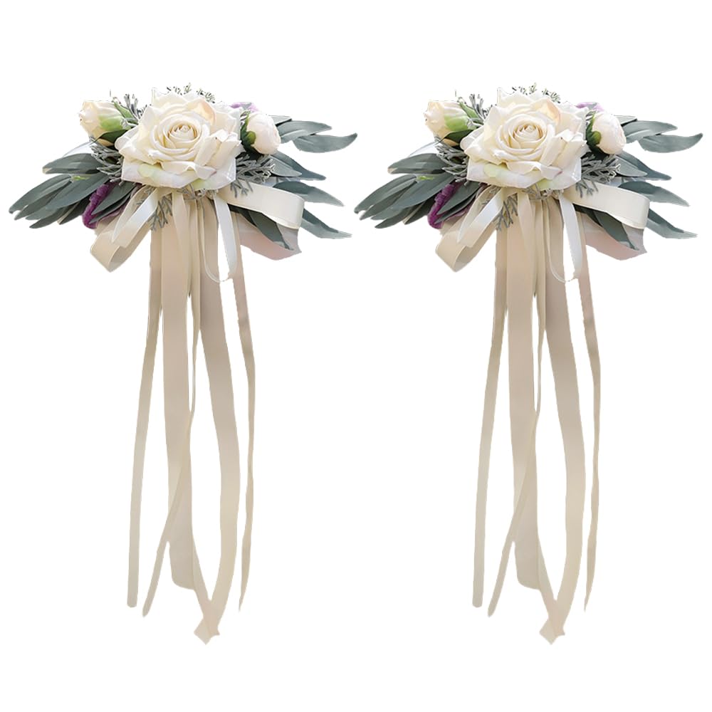 2 Pcs Wedding Car Ribbon Decoration Kit with Artificial Flowers for Car Mirror,22 Inch Wedding Car Door Handle Bows Decor Bouquet Supplies (White)