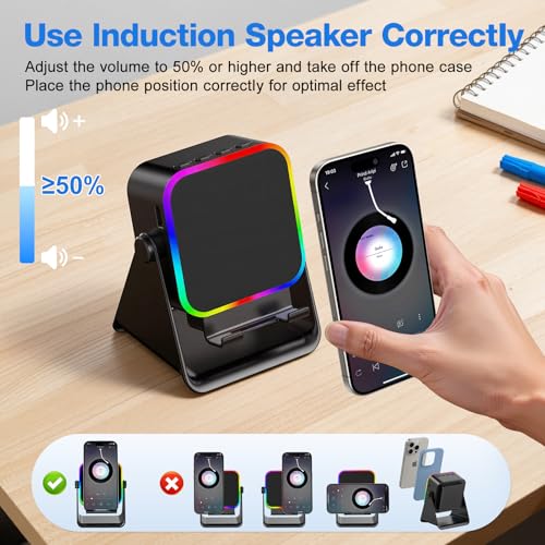Image of TARKARI Wireless Induction Speaker, Bluetooth Speaker with Phone Stand & RGB Light, HD Surround Sound, Compatible with iPhone Android iPad Samsung, Birthday Gift for Men Women