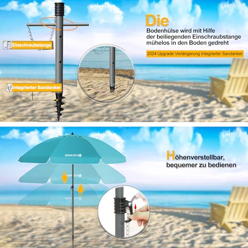 HOMEDEMO Sonnenschirm Strandschirm, Ø 180 cm Gartenschirm Marktschirm, Terrassenschirm mit Bodenhülse & Drehstange & Schutzhülle, Türkis rund UV50+ Schutz Sonnenschutzschirm