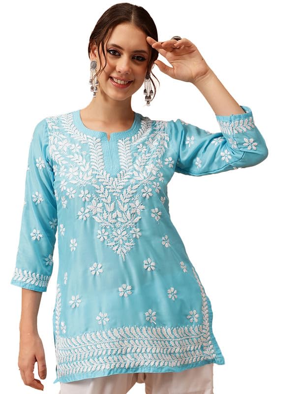Image of Ada Hand Embroidered Lucknowi Chikankari Muslin Top for Women A911420 | Lucknowi Short Kurta Kurti Tunic Casual Wear Ethnic Wear Chikan Work Straight handcrafted top Kurti for Office