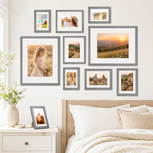 Image of 8x10 Picture Frames 6 Pack, Mat for 5x7 Photos, Shatter HD Plexiglass | Removable mat fits two photo sizes, slim frame with stand for horizontal & vertical tabletop & wall mount
