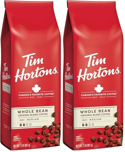 Tim Hortons Whole Bean Original, Medium Roast Coffee, Made with 100% Arabica Beans, 32 Ounce Bag (Pack of 2)