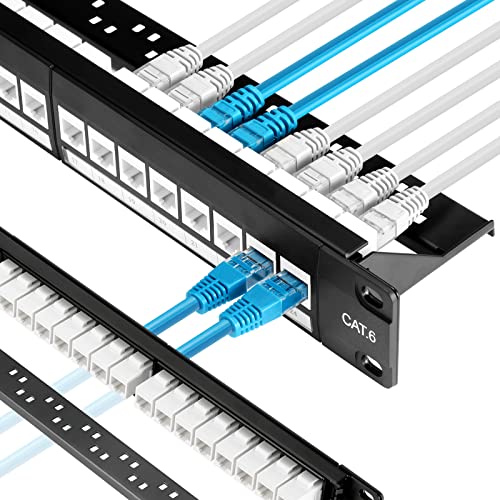 Rapink 24 Port Cat6 Patch Panel With White Inline Keystone 10G Support, Pass-Thru Coupler UTP 19-Inch, Removable Back Bar, 1U Network for Cat6, Cat5e, Cat5 Cabling