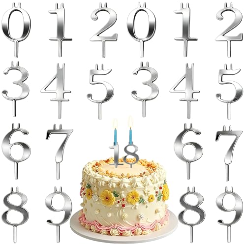 20PCS Reusable Number Candle Holder Set Adjustable Metal Candle Holder Stand Cake Topper Decorations for Birthday Wedding Anniversary Party Stable & Heat-Resistant Silver