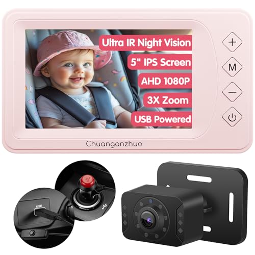 Image of S100P Baby Car Camera with Ultra Night Vision, 5'' HD 1080P IPS Baby Car Monitor with 3X Zoom, Backseat /Carseat /Rear Seat Camera USB, Easy No-Damage Install, Safety for Infants and Pets (5 inch Pink)