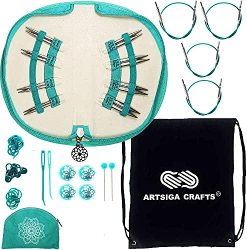 Knitter's Pride Mindful Generosity 2-Inch 8-Pair Interchangeable Lace Knitting Needle Set, Sizes US 2.5, 4, 5, 6, 7, 8, 9, 10 with 4 Cords, 4 End Caps Bundle with 1 Artsiga Crafts Project Bag 250306