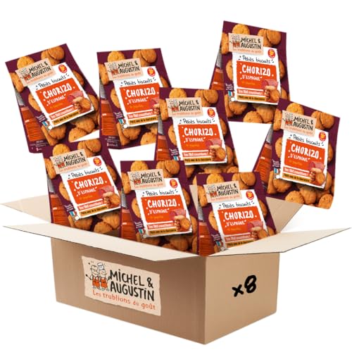 Michel & Augustin - Biscuits Apéritifs au Chorizo d'Espagne et au Paprika - Petits Biscuits Salés à la Charcuterie - 8 x 90g