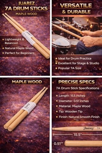 Image of Juarez JRDS200 Wooden Drum Sticks - 7A Size, Lightweight Maple Wood with Wooden Tips, Balanced Grip for Drummers (Pair)