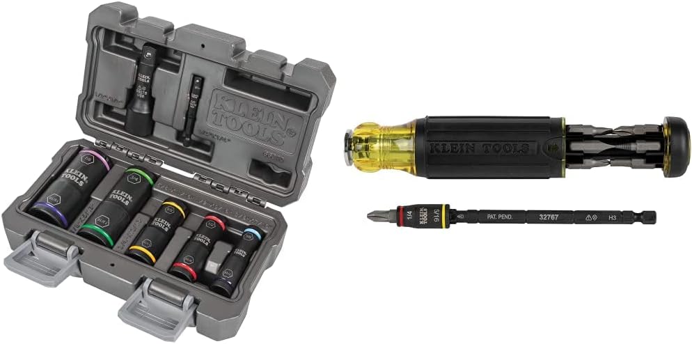 Klein Tools 66070 Impact Socket Set, Impact Driver Flip Socket, Five Sockets with 1/4-Inch Hex and 1/2-Inch Square Socket Adapters, 7-Piece