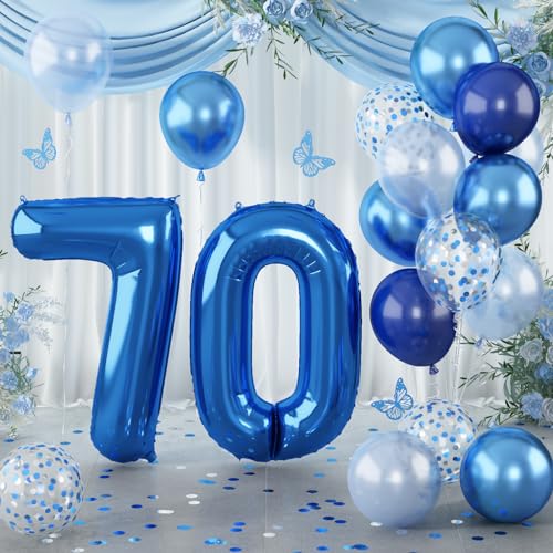 Image of Giant Number Foil Balloon 70, Dark Blue Self Inflating 70th Birthday Balloon for Men, 40'' 70 Balloon Light Navy Blue with Metallic Silver Confetti Balloon for Anniversary Party Decorations Supplies