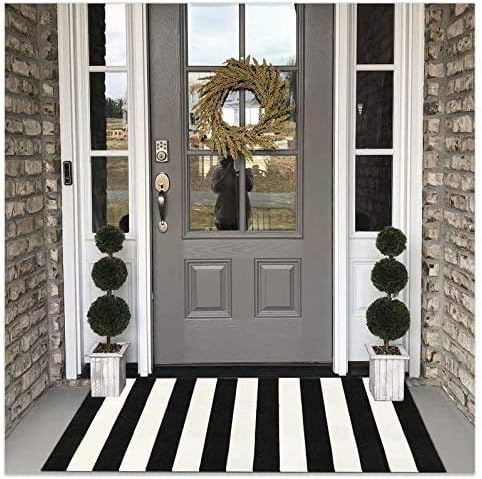 Collive Outdoor Rug Doormat 2’ x 4.3’, Cotton Woven Black and White Porch Rug Outdoor Indoor Rugs Farmhouse Striped Rugs Runner Washable Carpet For Front Kitchen Bathroom Laundry Room