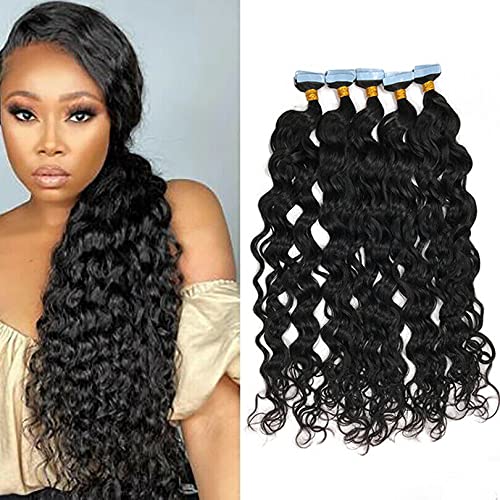 30inch Long Tape in Human Hair Extension Loose Wavy Brazilian Virgin Skin Weft Tape in Hair Natural Wave Adhesive Tape on Hair Extension 100g 40pcs (26inch 100g 40PCS, #Natural Black)