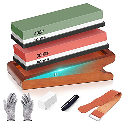 pentaQ Knife Sharpening Stone Kit with Angled Base, Double-Sided 400 1000 & 3000 8000 Grit Professional Whetstones, Wet Stone Sharpening Kit with Gloves, Leather Strop, Angle Guide & Flattening Stone