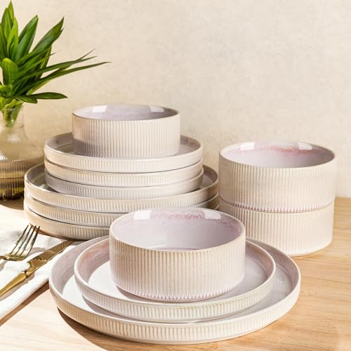 Image of TheTerra Ceramic Dinnerware Sets for 4, 12 Pieces Porcelain Lightweight Plates and Bowls Sets, Scratch Resistant Dish Set, Oven & Microwave & Dishwasher Safe, Primrose Pink