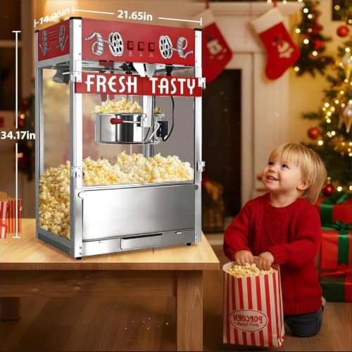 Image of 38 Oz Commercial Popcorn Machine, Large Popcorn Maker Machine, Movie Theater Countertop Pop Corn Machine with 3-Switch Control & Tempered Glass Doors, Red