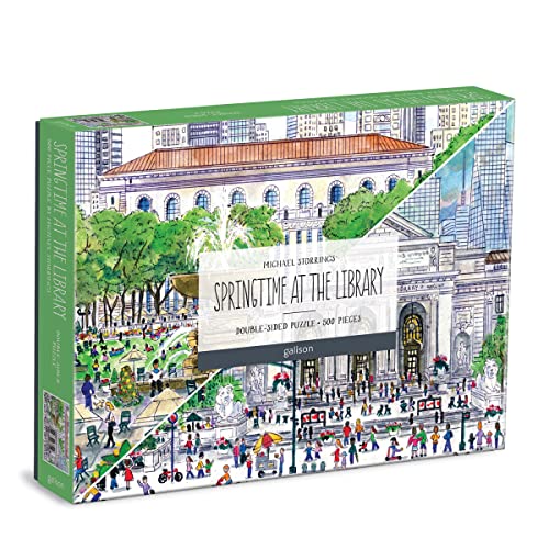 Galison Michael Storrings Springtime at The Library Double-Sided Puzzle, 500 Pieces, 20” x 20” – Two-Sided Jigsaw Puzzle with Stunning Artwork...