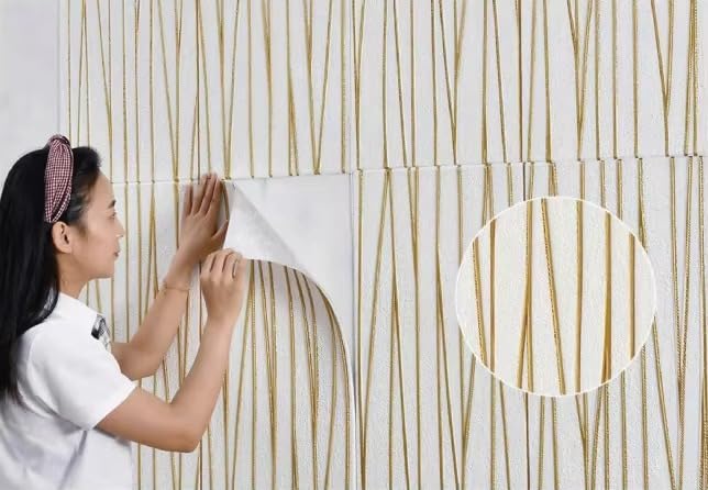 Image of CVD 3D PE Foam Self-Adhesive Wall Stickers | Gold Line Wallpaper for Home, Hotel, Living Room, Bedroom & Cafe | DIY Decorative Panel (70 x 70 cm, Approx. 5.8 Sq. Feet, 1 Piece)