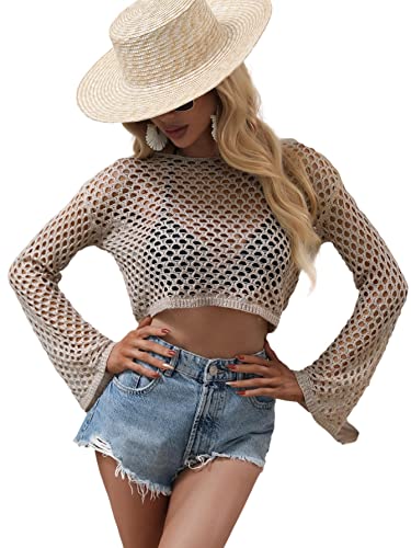 Image of Women Crochet Hollow Out Sweater See Through Fishnet Knit Pullover Cropped Tops
