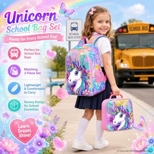 Image of 3Pcs Unicorn Backpack for Girls, 16 inch Kids Bookbag Set with Lunch Box,School Backpacks for Elementary Preschool Kindergarten (Rainbow)
