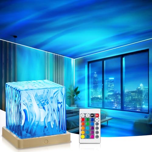 VoMii Northern Lights Projector,16 Colors Luminorthe Cube Lamp with Dynamic Wave Effect,Aurora Glow Lamp Ambient Lighting with Remote for Bed Room Classroom Decor