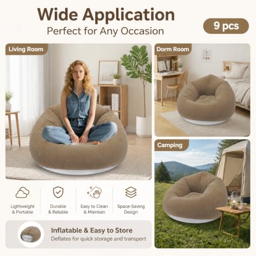 Image of 9 Pcs Inflatable Bean Bag Chairs for Adults with Foot Air Pump, Blow up Couch, Folding Portable Inflatable Couch Lazy Sofa for Outdoor Movie Night Camping (Coffee)