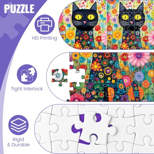 Puzzle de 300 piezas grandes para adultos, flores y gato colorido. Rompecabezas de animales con letra en la parte trasera, póster HD 1:1, encaje perfecto, sin polvo, actividad desafiante para la familia, medida 20.5x15 pulgadas miniatura 2