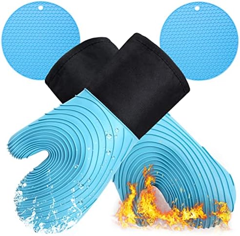 Silicone Oven Mitts and Extra Long Pot Holders Set-TREBLEWIND Oven Gloves Heat Resistant to 500℉,Kitchen Cooking Gloves Non-Slip Grip Textured Silicon Mitt,Light Blue