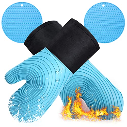 Silicone Oven Mitts And Extra Long Pot Holders Set-Treblewind Oven Gloves Heat Resistant To 500℉,Kitchen Cooking Gloves Non-Slip Grip Textured Silicon Mitt,Light Blue #TOP3