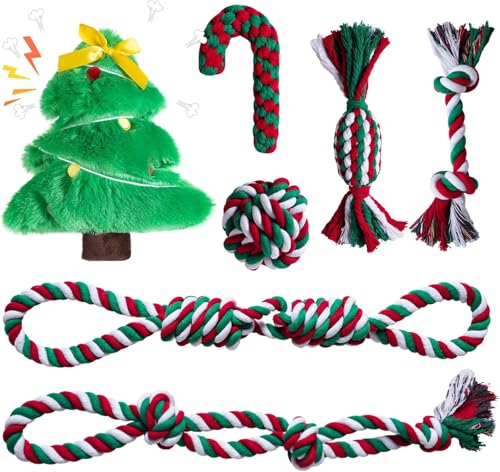 Aitmexcn Dog Rope Toys, 7 Pack Durable Cotton Rope Chew and Tug Toys for Medium and Large Dogs, Heavy Duty Teething Toys for Interactive Play, with Squeaky Plush Dog Toy