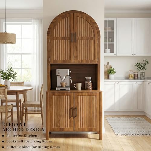 Image of 76 inch Tall Arched Kitchen Pantry,Large Storage Cupboard with Fluted Doors,Microwave Shelf,Modern Wooden Buffet Sideboard,Adjustable Shelves,Cabinet for Dining,Living Room,Walnut